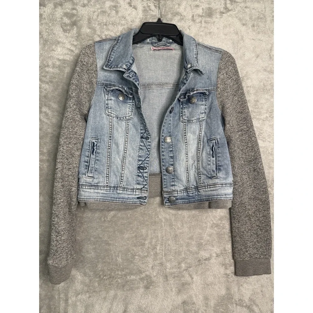 Cache Cache Denim Spirit Girls Denim Jacket Size 3 Knit Sleeve Jean Jacket